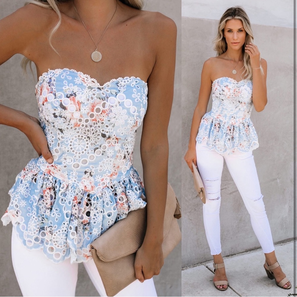 Vici Mermaid Tales Strapless Eyelet Peplum Top